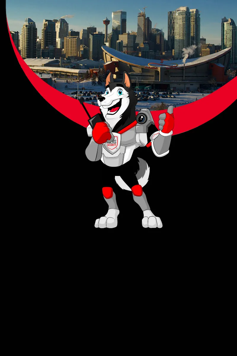 Map of Canada showing provinces and territories served by Rangers Security Group, with a wolf mascot pointing to locations for nationwide security services