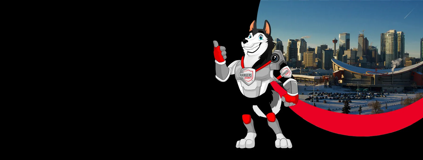 Rangers Security coverage map of Canada with a mascot in security gear, highlighting trusted surveillance and 24/7 service