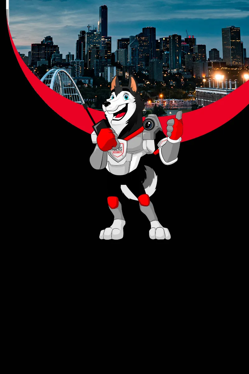 Map of Canada showing provinces and territories served by Rangers Security Group, with a wolf mascot pointing to locations for nationwide security services