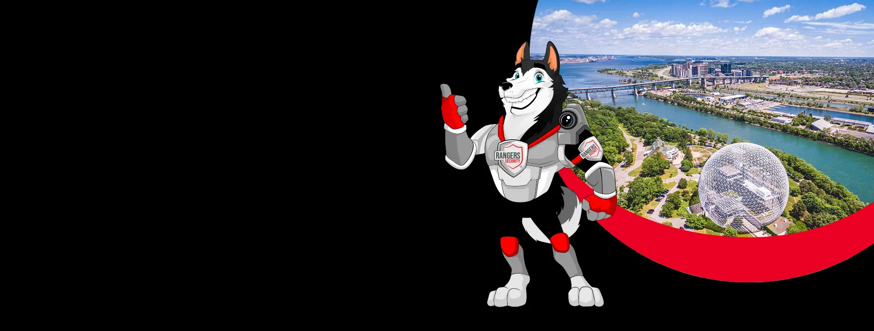 Rangers Security coverage map of Canada with a mascot in security gear, highlighting trusted surveillance and 24/7 service