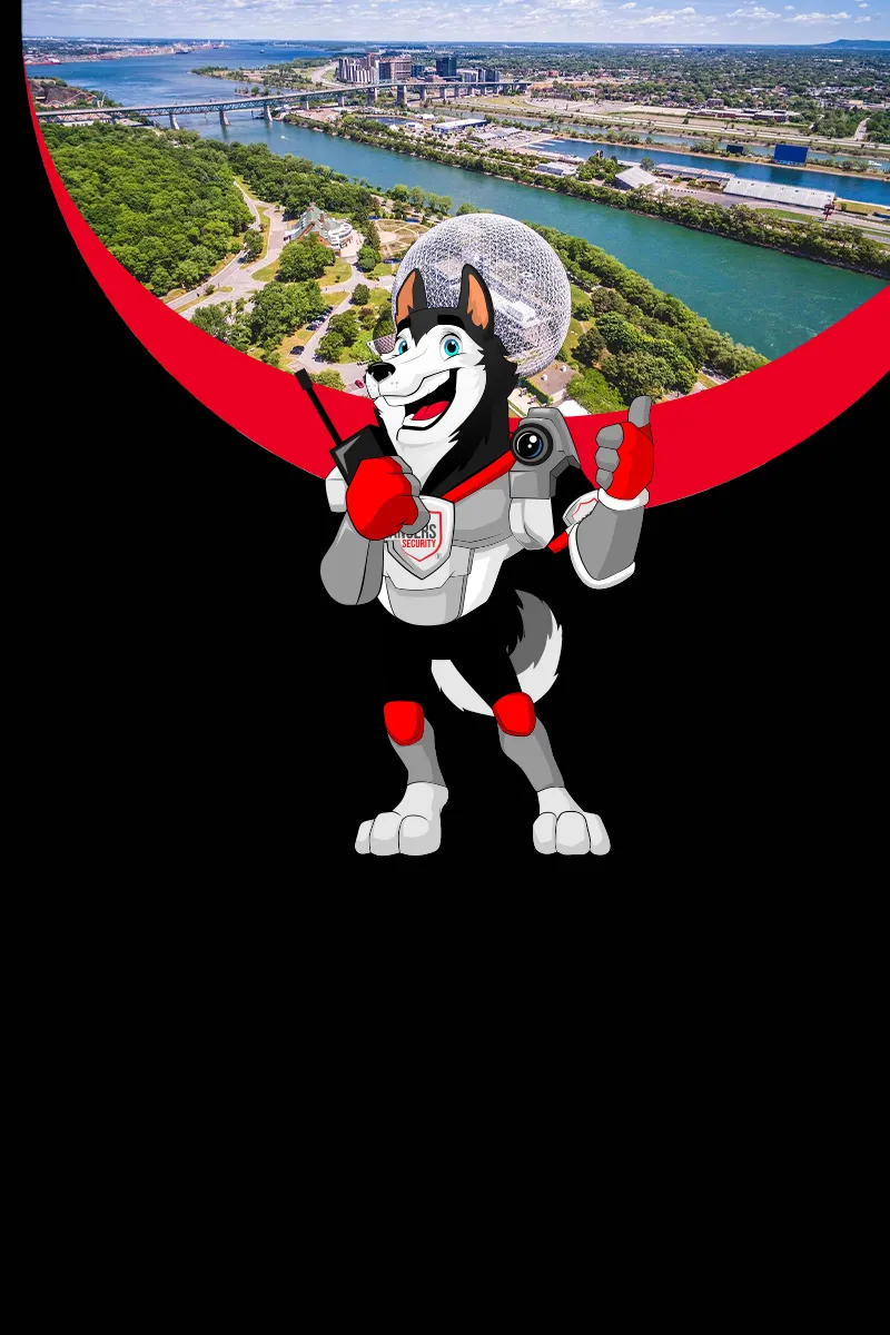 Map of Canada showing provinces and territories served by Rangers Security Group, with a wolf mascot pointing to locations for nationwide security services