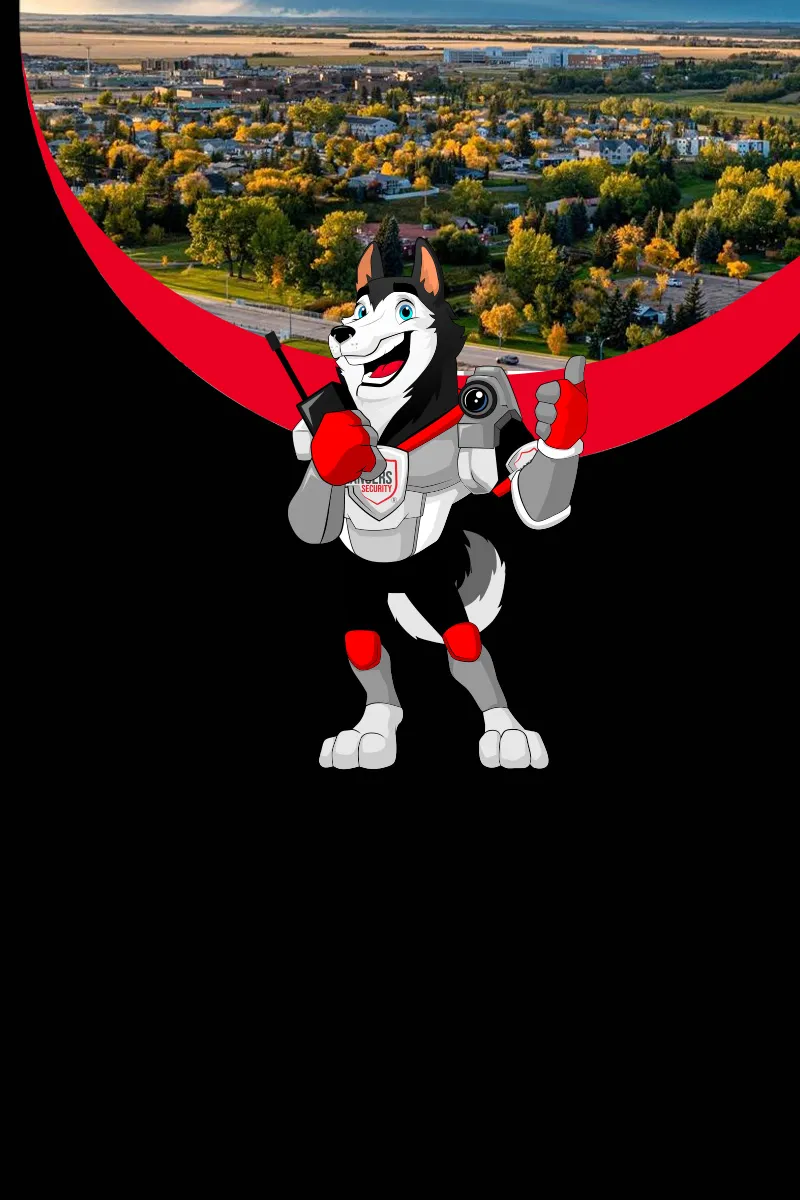 Map of Canada showing provinces and territories served by Rangers Security Group, with a wolf mascot pointing to locations for nationwide security services