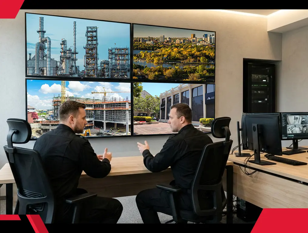 Security officer monitoring video feeds showcasing real-time surveillance by trained officers for enhanced safety