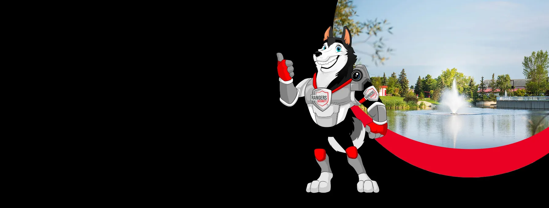 Rangers Security coverage map of Canada with a mascot in security gear, highlighting trusted surveillance and 24/7 service