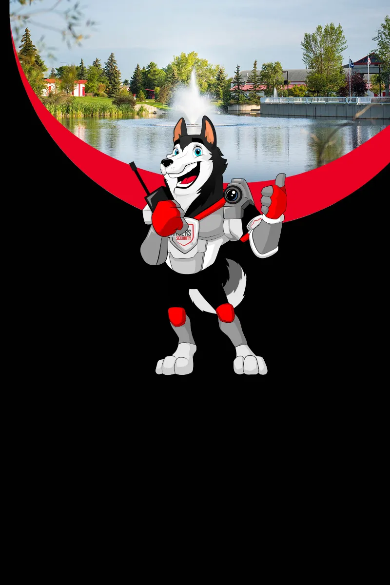 Map of Canada showing provinces and territories served by Rangers Security Group, with a wolf mascot pointing to locations for nationwide security services