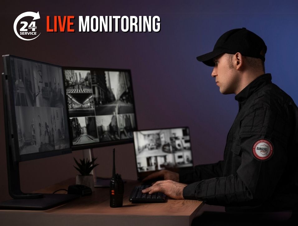 Rangers Security Group’s human experts monitoring surveillance screens 24/7, ensuring continuous protection and enhanced safety.