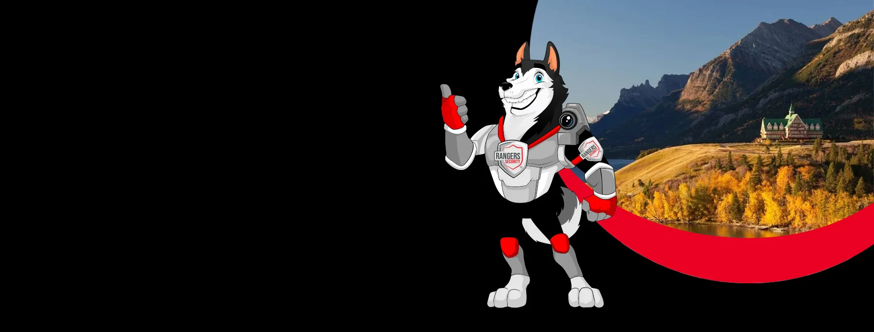 Rangers Security coverage map of Canada with a mascot in security gear, highlighting trusted surveillance and 24/7 service