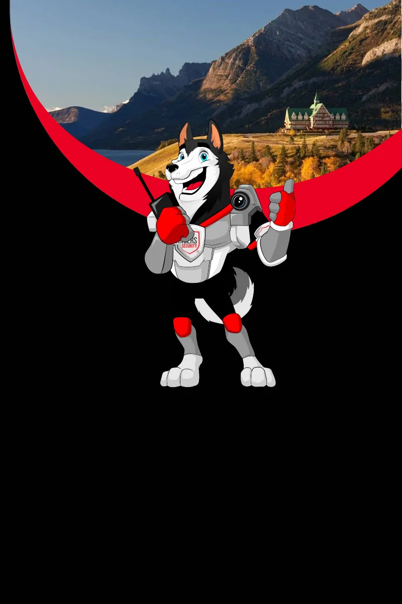 Map of Canada showing provinces and territories served by Rangers Security Group, with a wolf mascot pointing to locations for nationwide security services