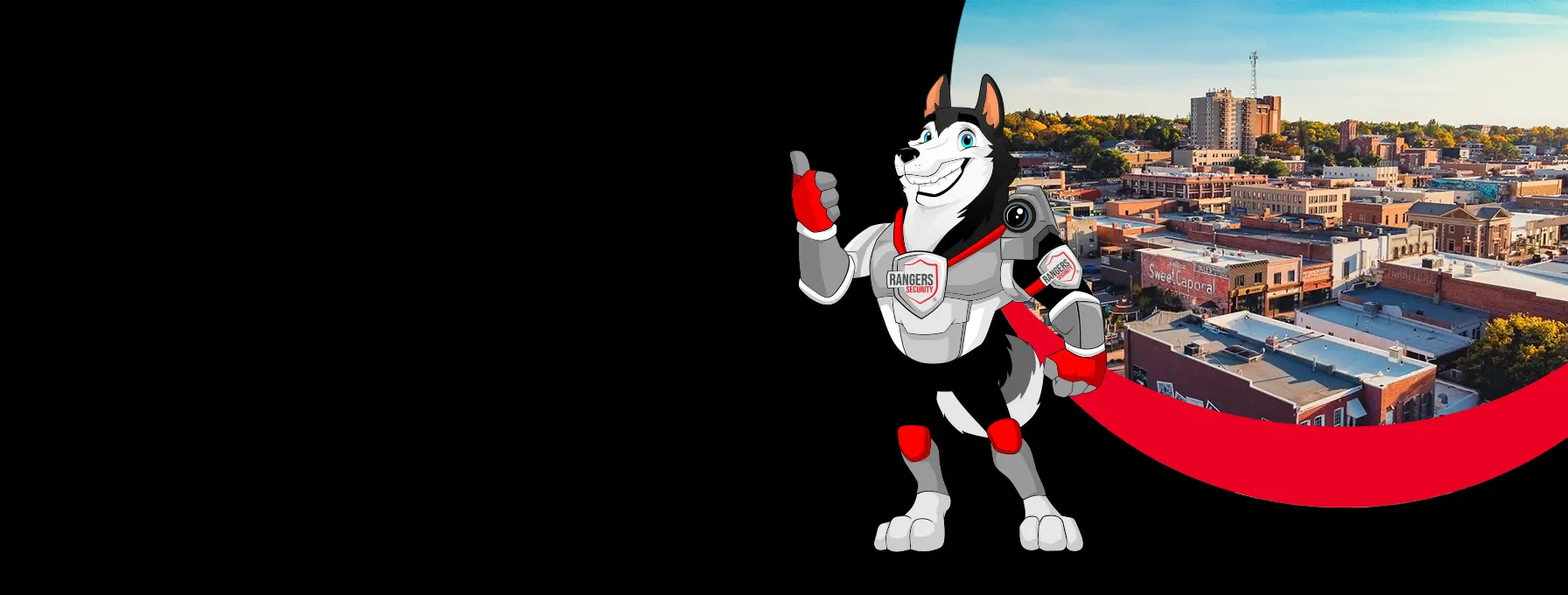 Rangers Security coverage map of Canada with a mascot in security gear, highlighting trusted surveillance and 24/7 service