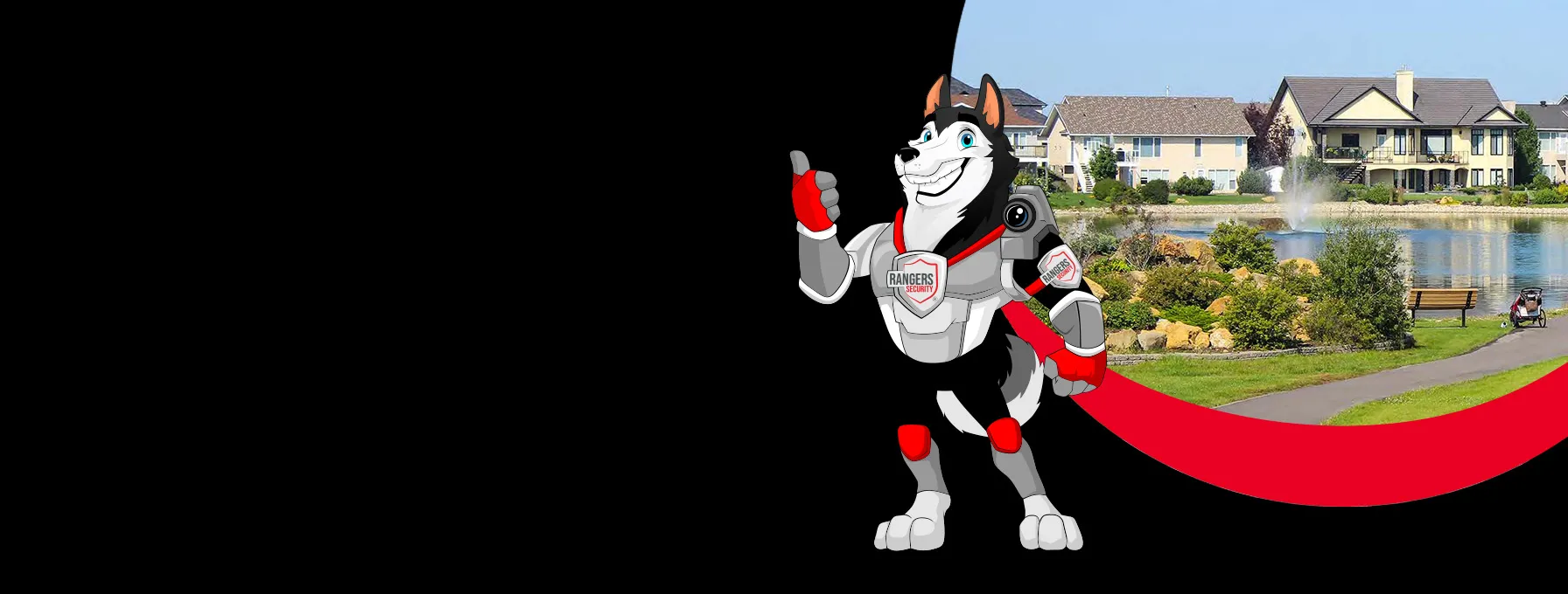 Rangers Security coverage map of Canada with a mascot in security gear, highlighting trusted surveillance and 24/7 service