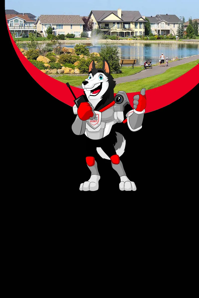 Map of Canada showing provinces and territories served by Rangers Security Group, with a wolf mascot pointing to locations for nationwide security services