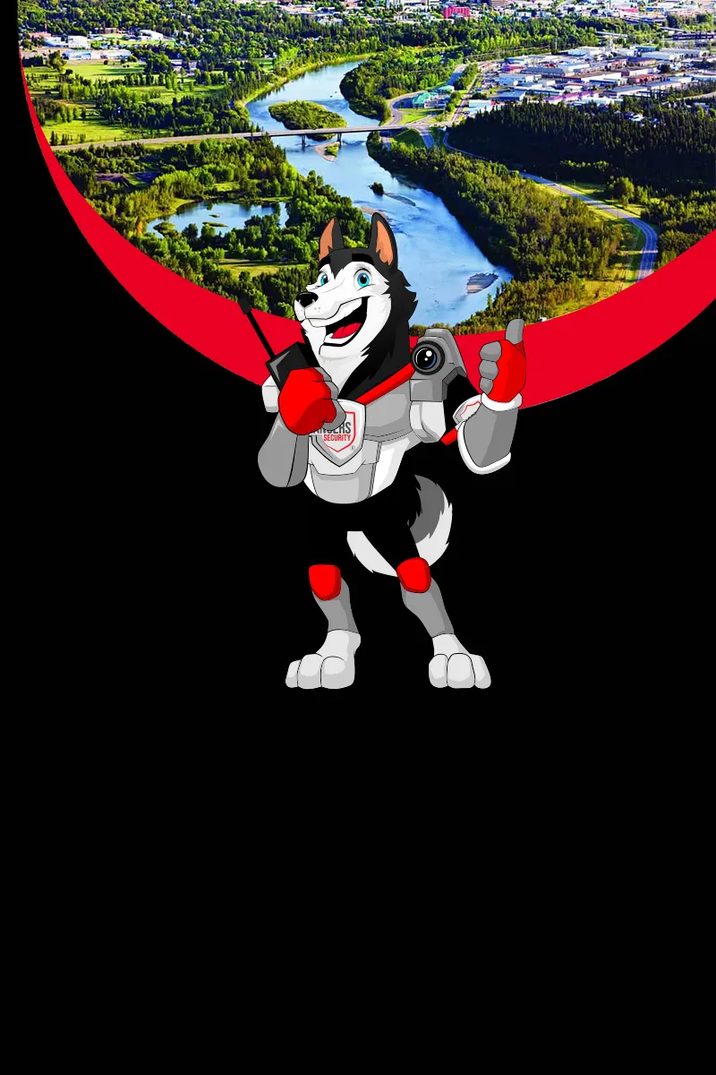 Map of Canada showing provinces and territories served by Rangers Security Group, with a wolf mascot pointing to locations for nationwide security services