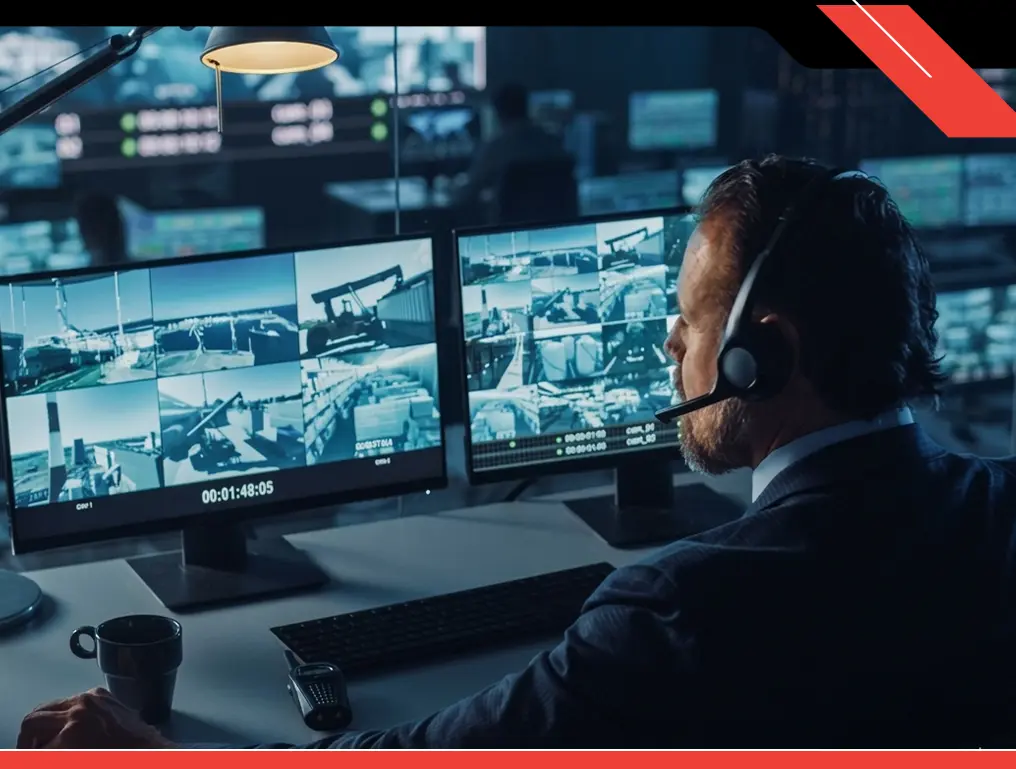 Security officer monitoring video feeds showcasing real-time surveillance by trained officers for enhanced safety