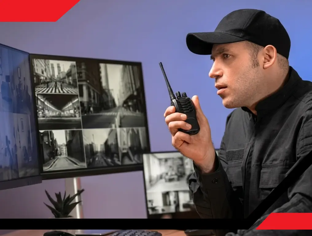 Security officer monitoring video feeds showcasing real-time surveillance by trained officers for enhanced safety