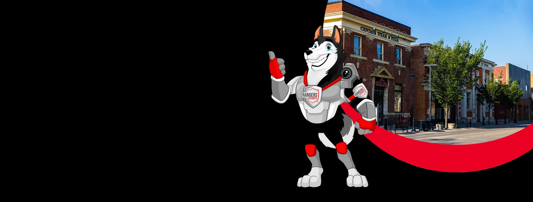 Rangers Security coverage map of Canada with a mascot in security gear, highlighting trusted surveillance and 24/7 service