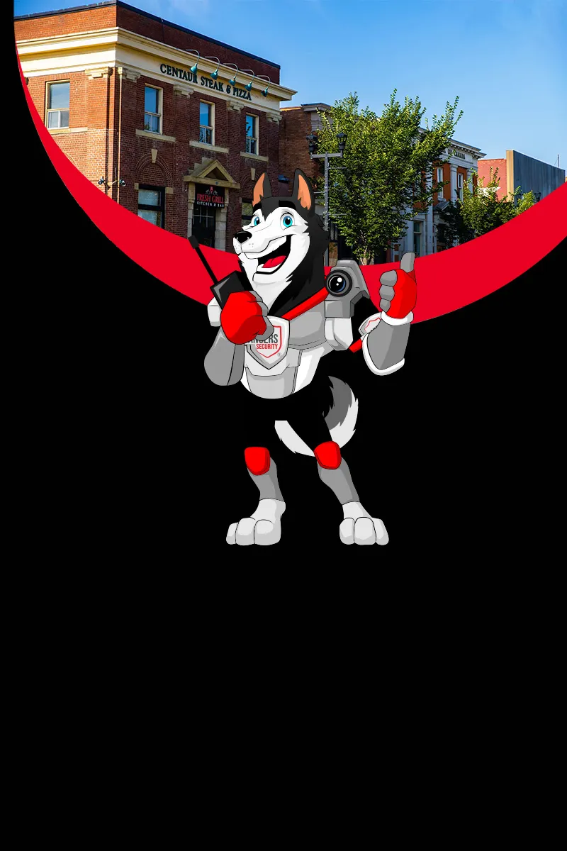 Map of Canada showing provinces and territories served by Rangers Security Group, with a wolf mascot pointing to locations for nationwide security services