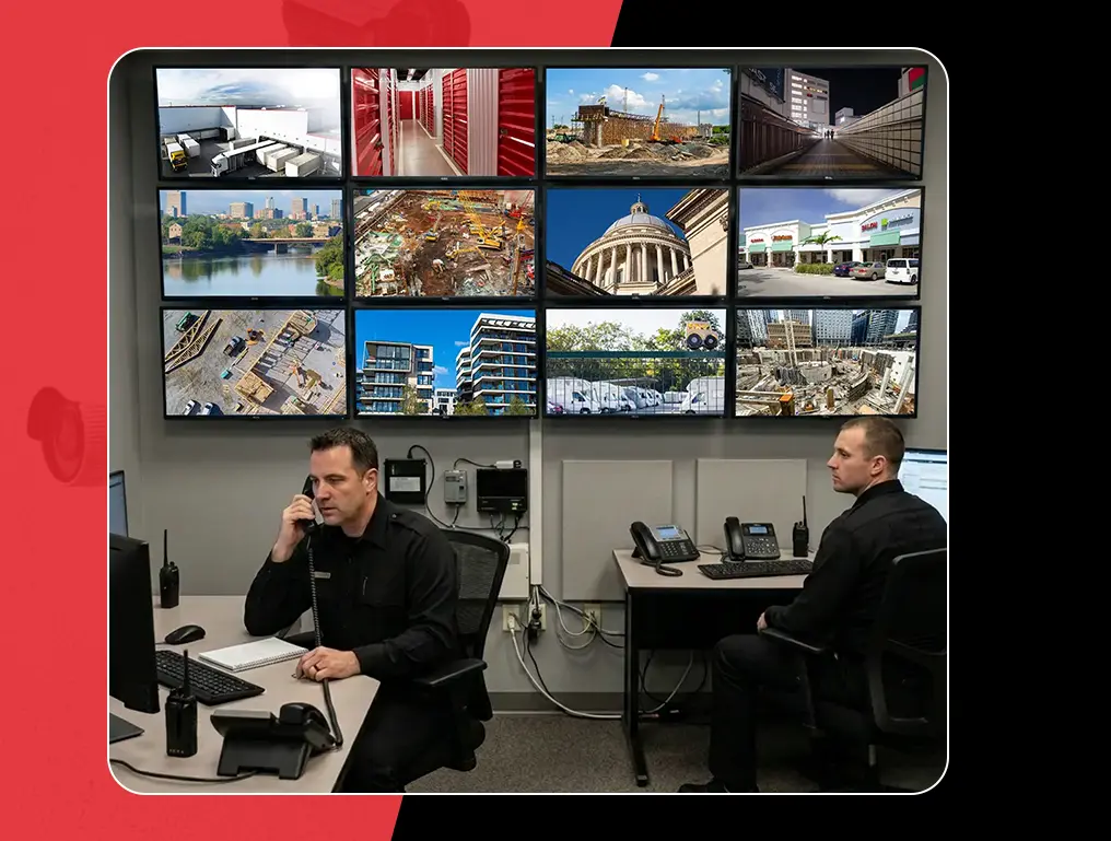 Security officer monitoring video feeds showcasing real-time surveillance by trained officers for enhanced safety