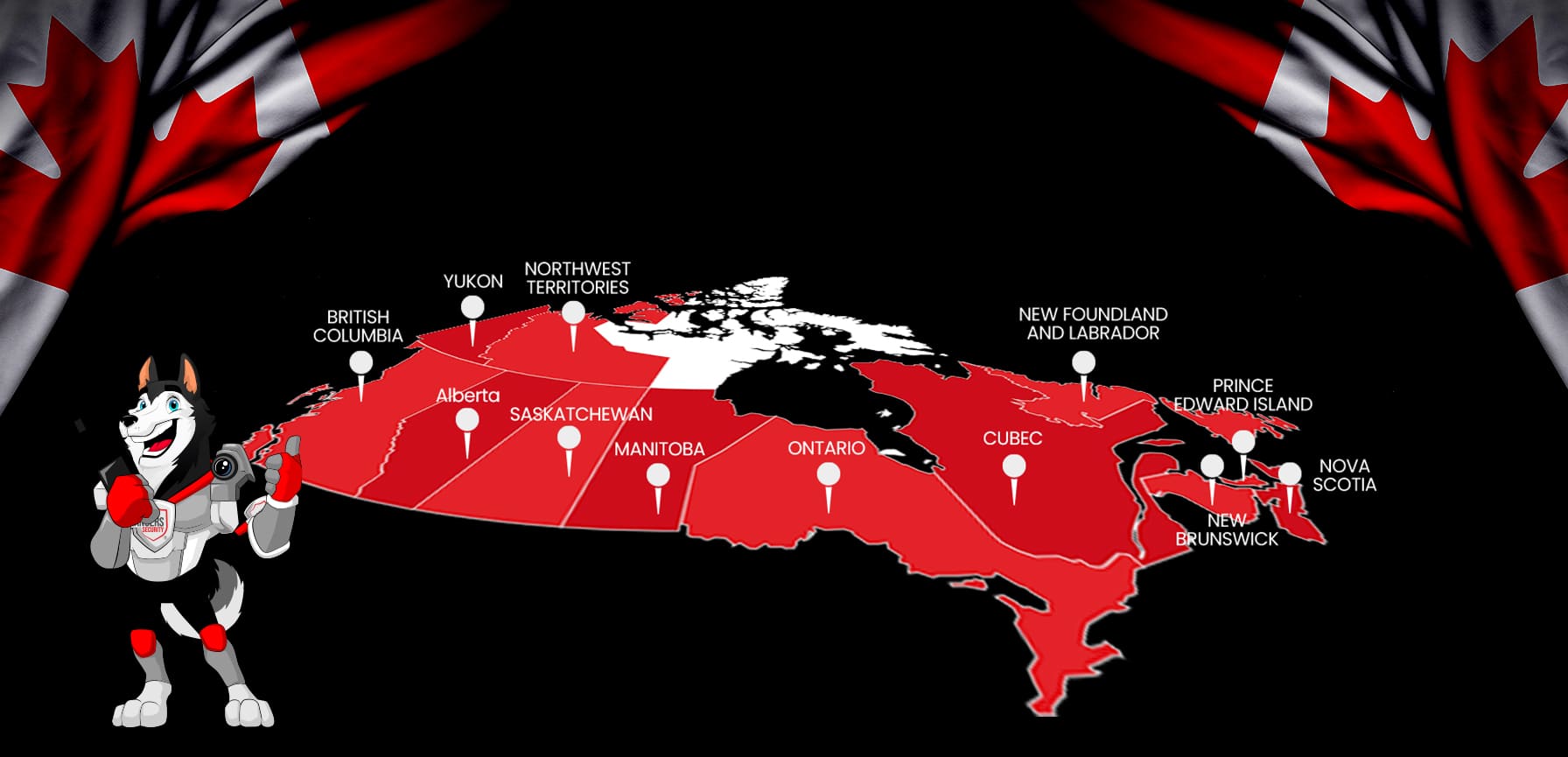 Rangers Security coverage map of Canada with a mascot in security gear, highlighting trusted surveillance and 24/7 service