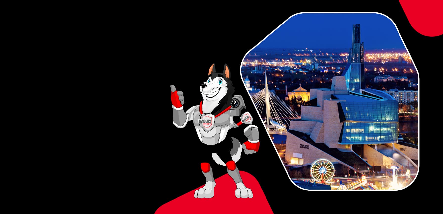 Rangers Security coverage map of Canada with a mascot in security gear, highlighting trusted surveillance and 24/7 service