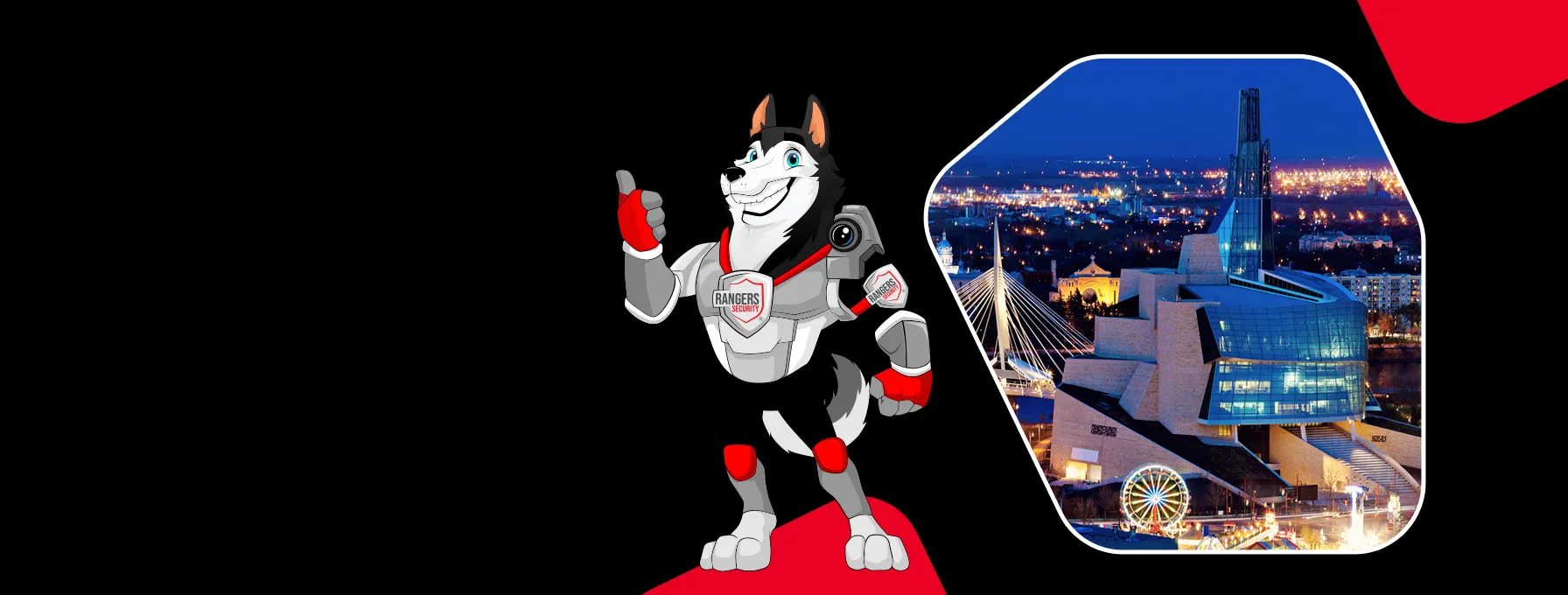 Rangers Security coverage map of Canada with a mascot in security gear, highlighting trusted surveillance and 24/7 service