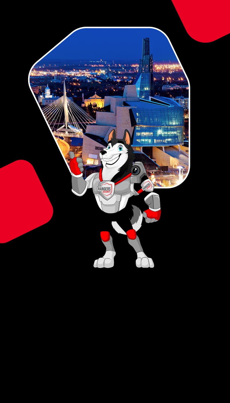 Map of Canada showing provinces and territories served by Rangers Security Group, with a wolf mascot pointing to locations for nationwide security services
