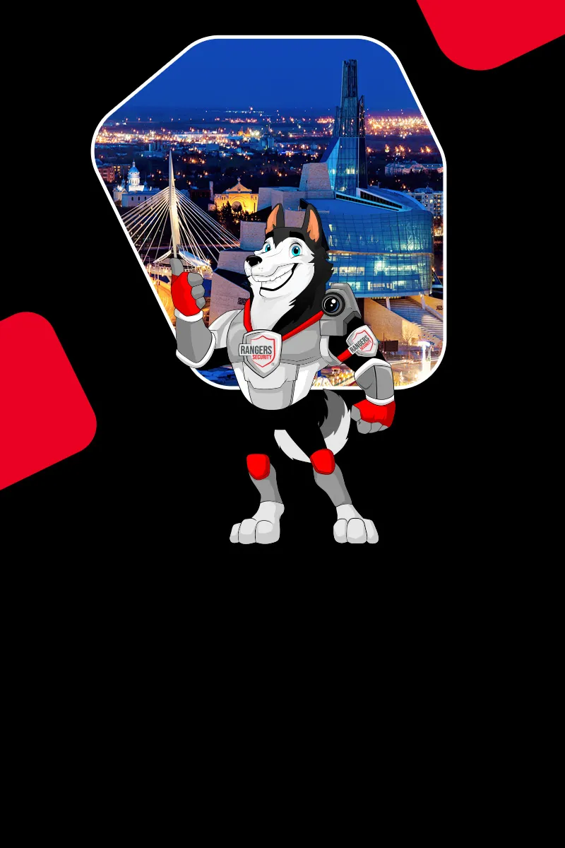 Map of Canada showing provinces and territories served by Rangers Security Group, with a wolf mascot pointing to locations for nationwide security services