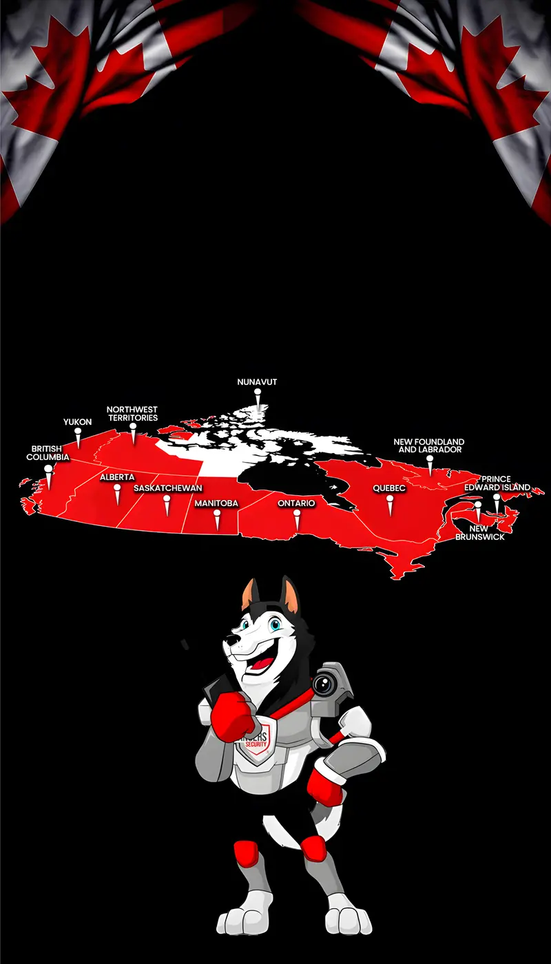 Rangers Security coverage map of Canada with a mascot in security gear, highlighting trusted surveillance and 24/7 service