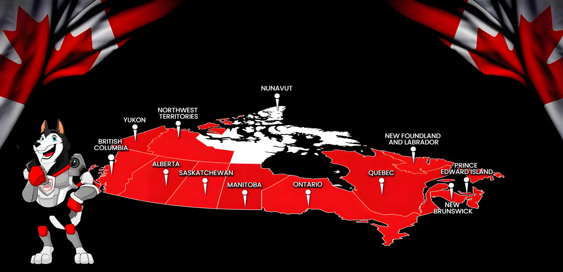 Rangers Security coverage map of Canada with a mascot in security gear, highlighting trusted surveillance and 24/7 service