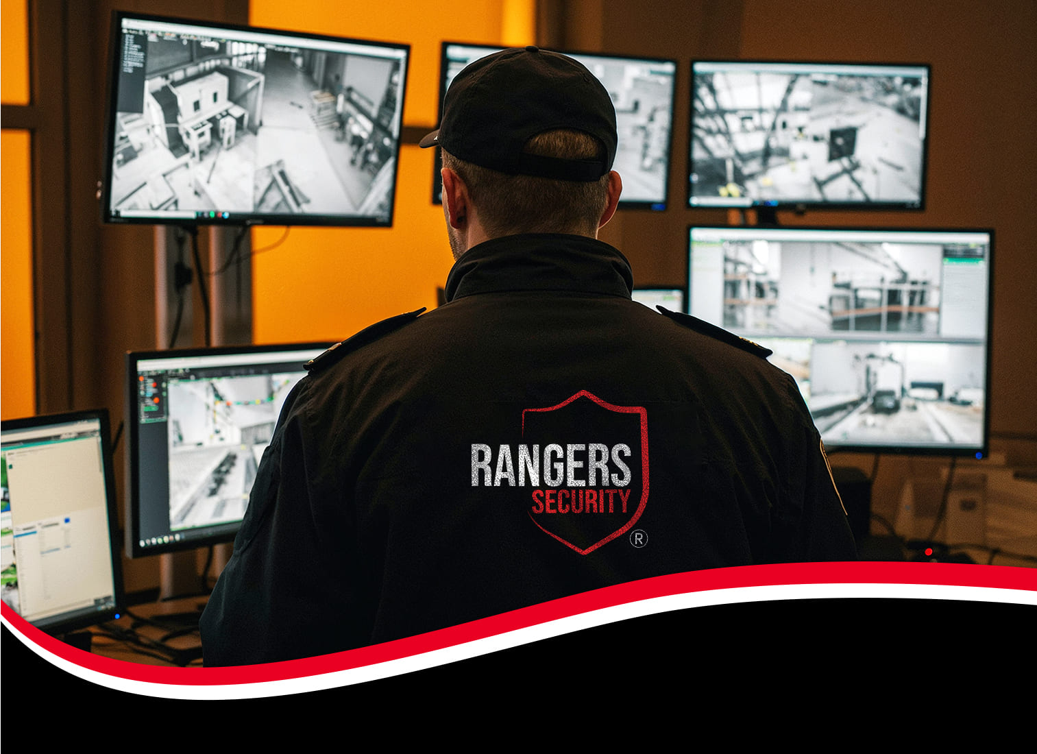 real-time surveillance setup with multiple security camera feeds monitored by rangers security group expert and mascot showcasing 24/7 live video survilance