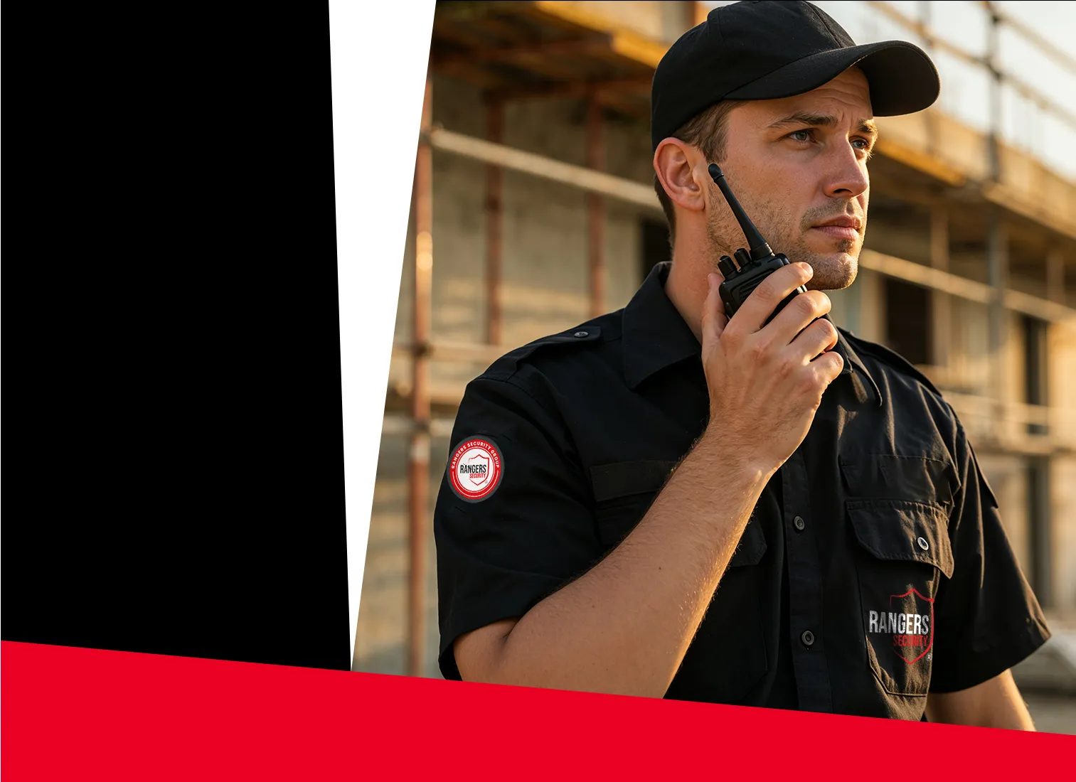 Rangers Security Group guards ensuring safety with a walkie-talkie and suspect detention at night, showcasing professional security services