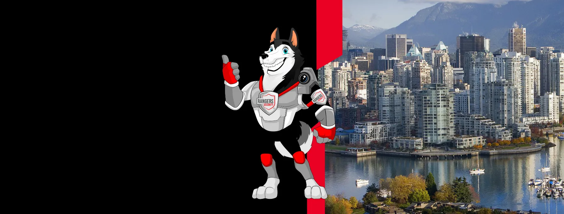 Rangers Security coverage map of Canada with a mascot in security gear, highlighting trusted surveillance and 24/7 service