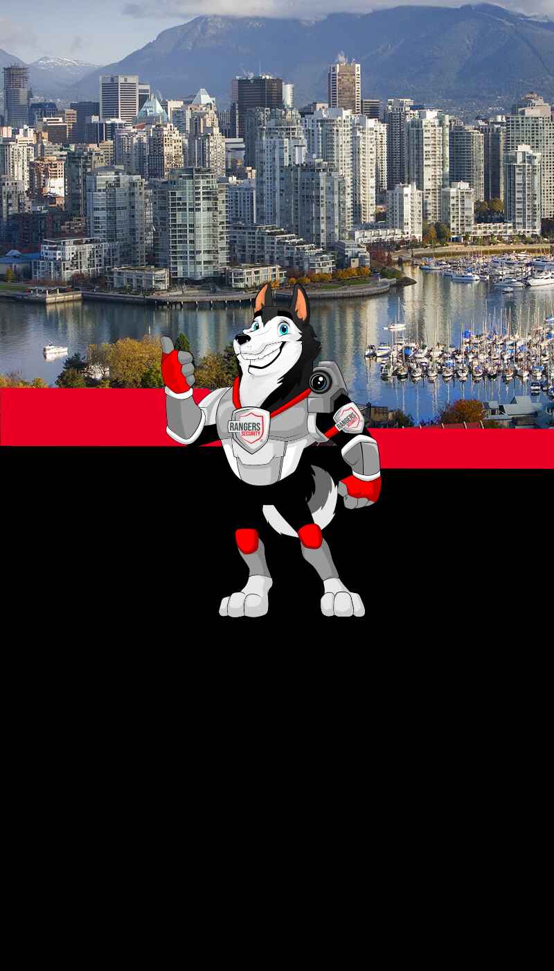 Map of Canada showing provinces and territories served by Rangers Security Group, with a wolf mascot pointing to locations for nationwide security services