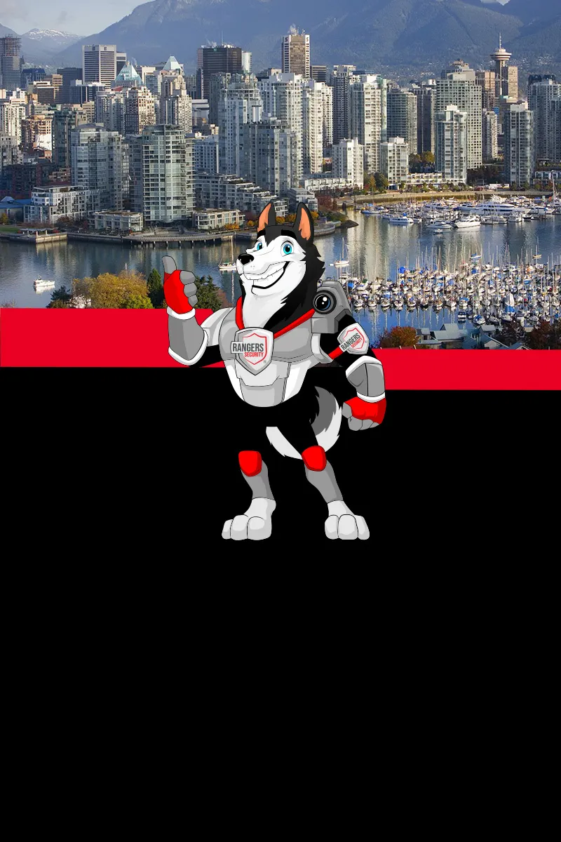Map of Canada showing provinces and territories served by Rangers Security Group, with a wolf mascot pointing to locations for nationwide security services