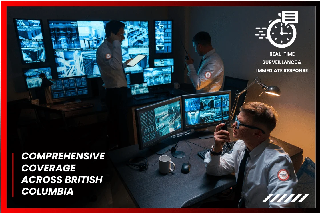Security experts monitoring live screens, managing security challenges, and showcasing why Rangers Security Group is the trusted choice for security in British Columbia.