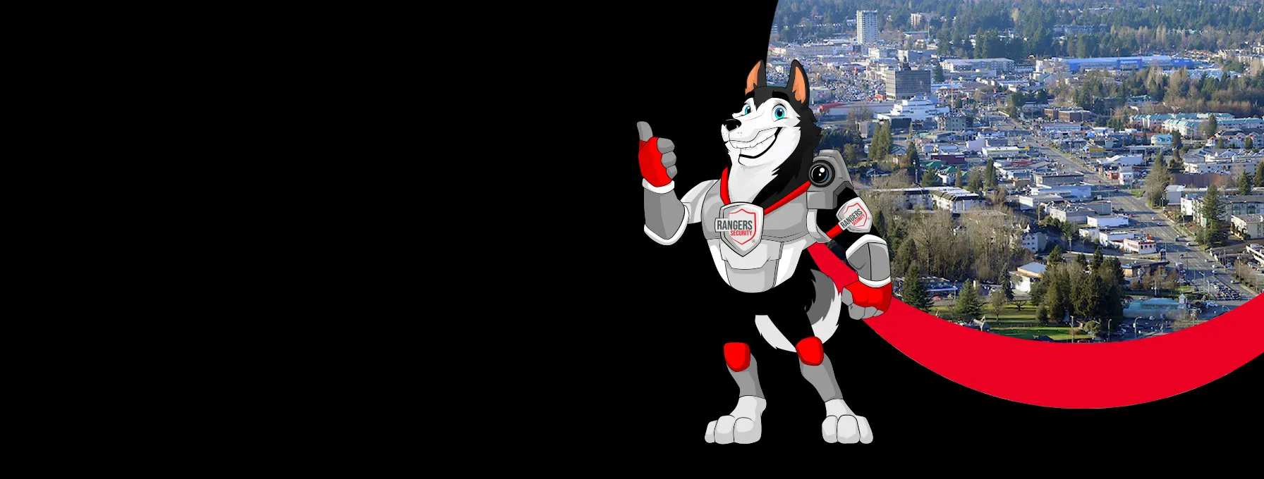 Rangers Security coverage map of Canada with a mascot in security gear, highlighting trusted surveillance and 24/7 service
