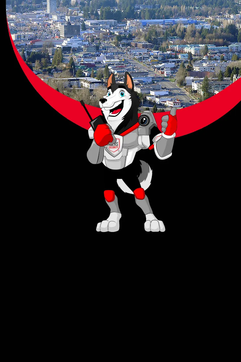 Map of Canada showing provinces and territories served by Rangers Security Group, with a wolf mascot pointing to locations for nationwide security services