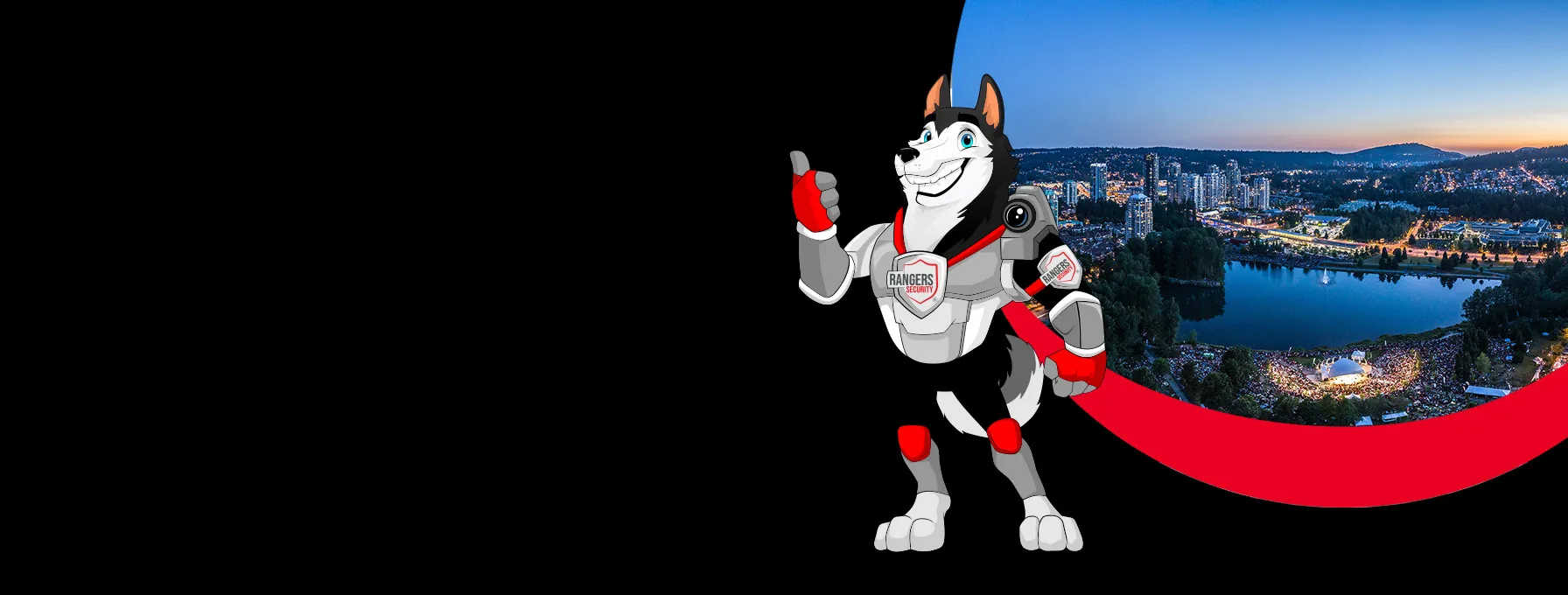 Rangers Security coverage map of Canada with a mascot in security gear, highlighting trusted surveillance and 24/7 service