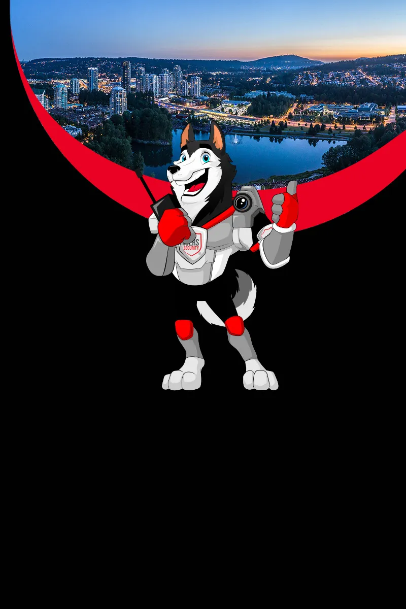 Map of Canada showing provinces and territories served by Rangers Security Group, with a wolf mascot pointing to locations for nationwide security services