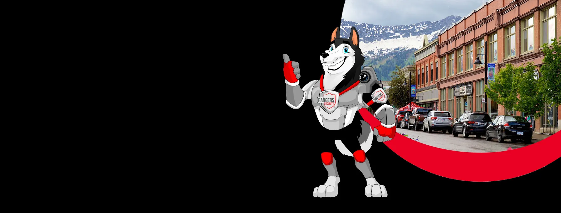 Rangers Security coverage map of Canada with a mascot in security gear, highlighting trusted surveillance and 24/7 service