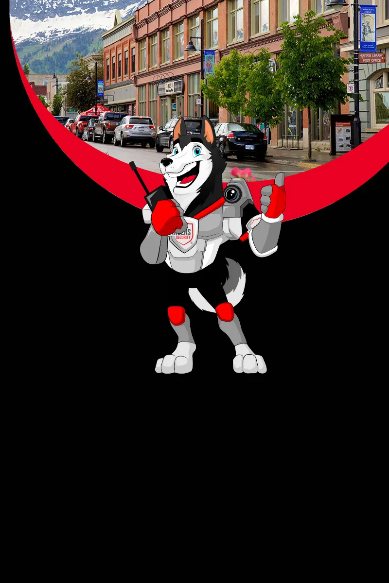 Map of Canada showing provinces and territories served by Rangers Security Group, with a wolf mascot pointing to locations for nationwide security services