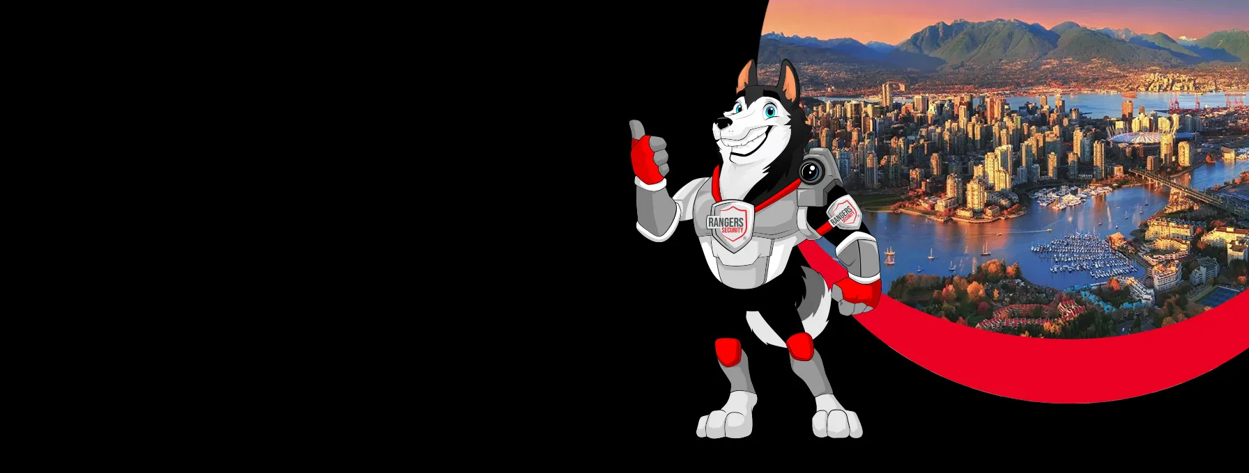 Rangers Security coverage map of Canada with a mascot in security gear, highlighting trusted surveillance and 24/7 service
