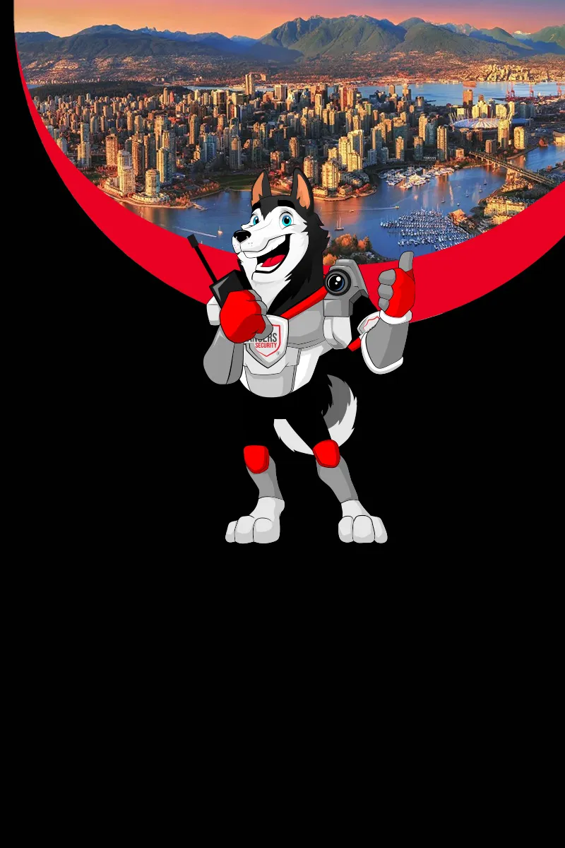 Map of Canada showing provinces and territories served by Rangers Security Group, with a wolf mascot pointing to locations for nationwide security services