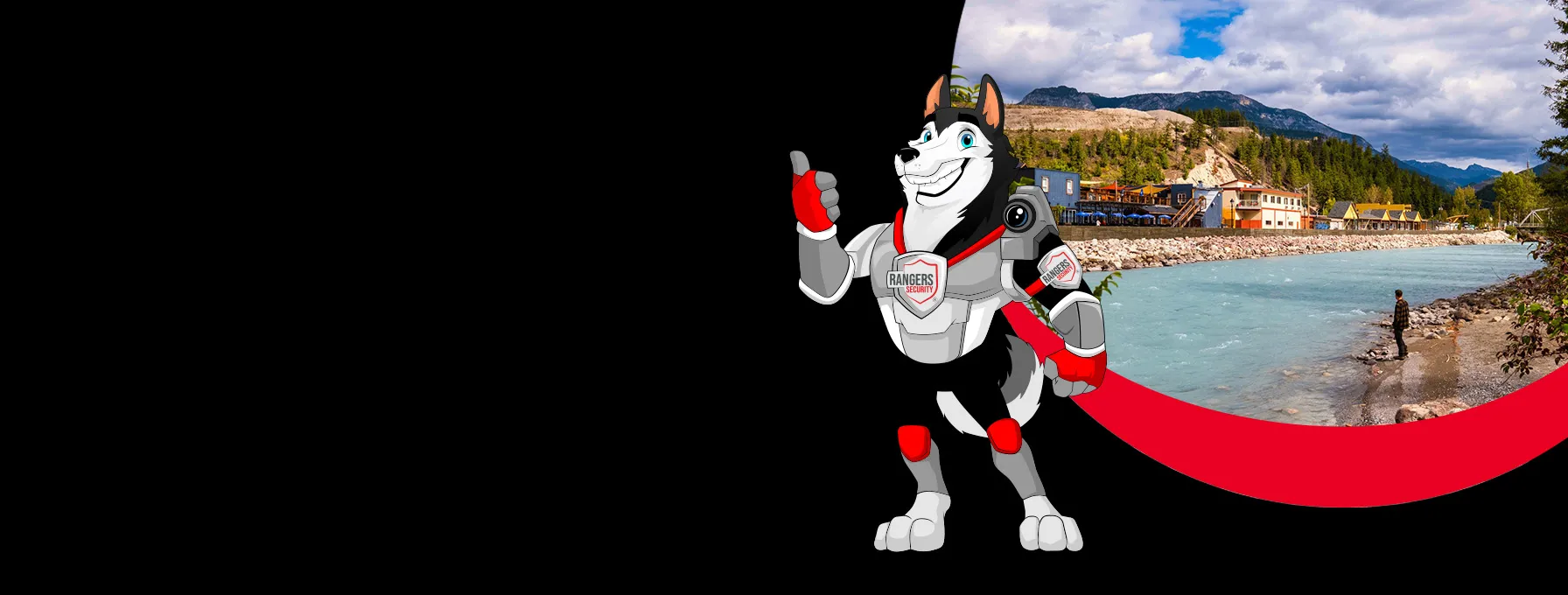 Rangers Security coverage map of Canada with a mascot in security gear, highlighting trusted surveillance and 24/7 service