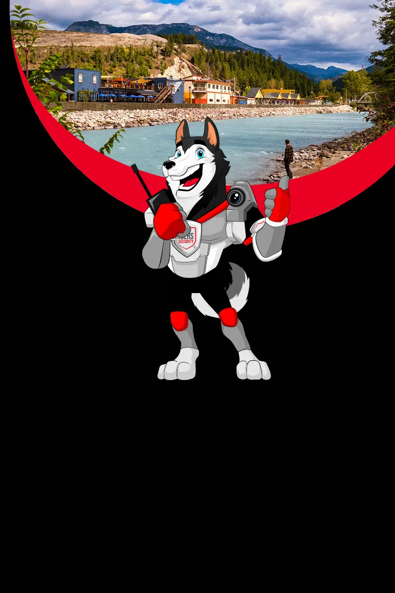 Map of Canada showing provinces and territories served by Rangers Security Group, with a wolf mascot pointing to locations for nationwide security services