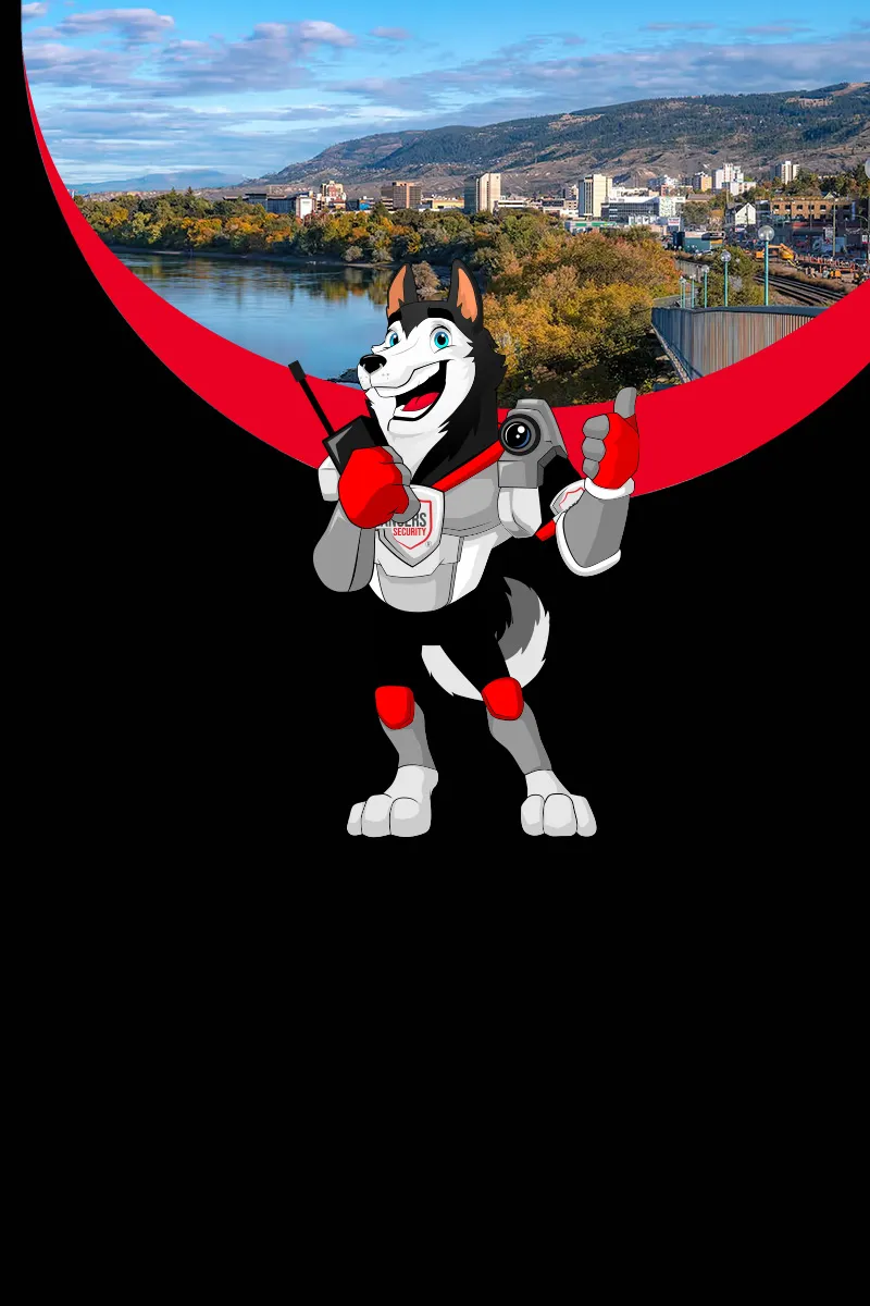 Map of Canada showing provinces and territories served by Rangers Security Group, with a wolf mascot pointing to locations for nationwide security services