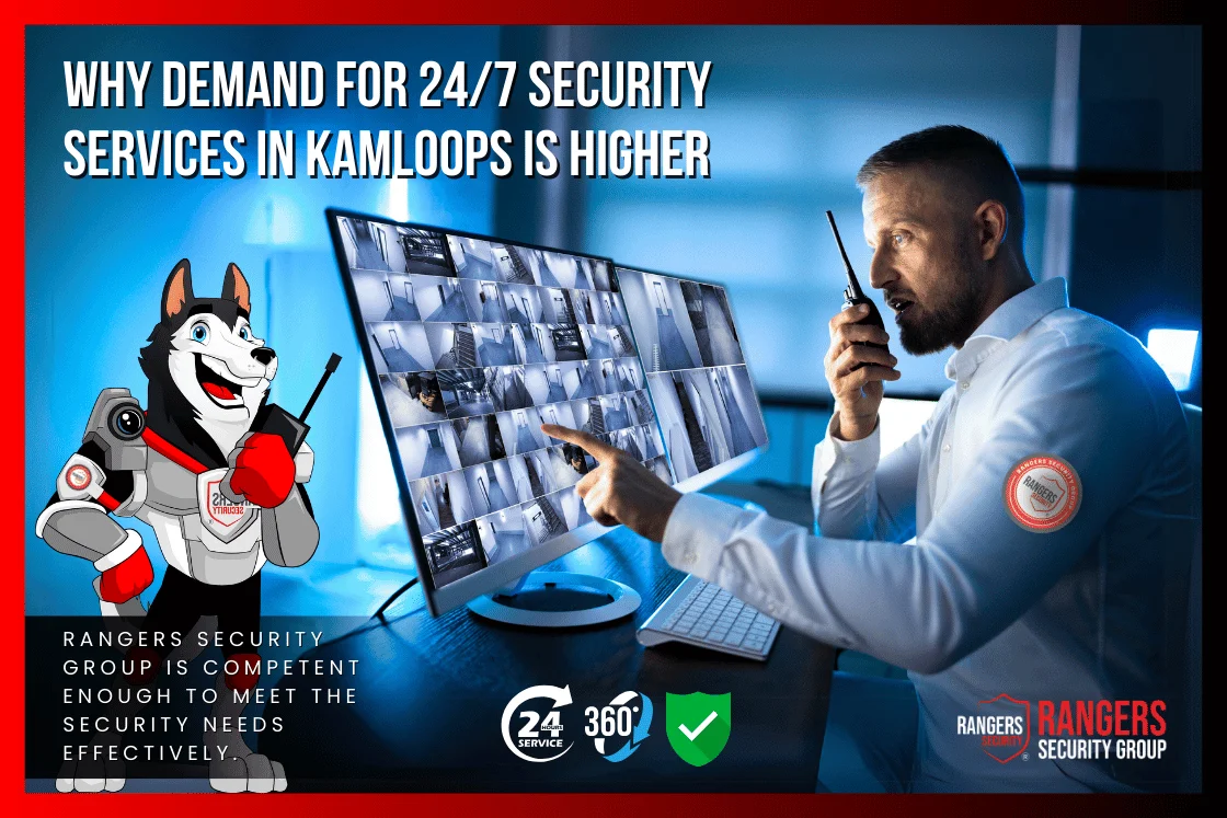 Trained live video monitoring expert watching real-time screens and addressing the demand for 24/7 security services in Kamloops, protecting homes and representing businesses from intruders