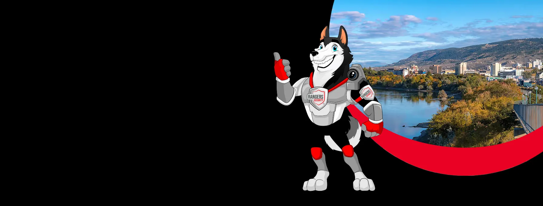 Rangers Security Group mascot representing trusted security solutions in Kamloops, featuring live surveillance and on-site personnel.