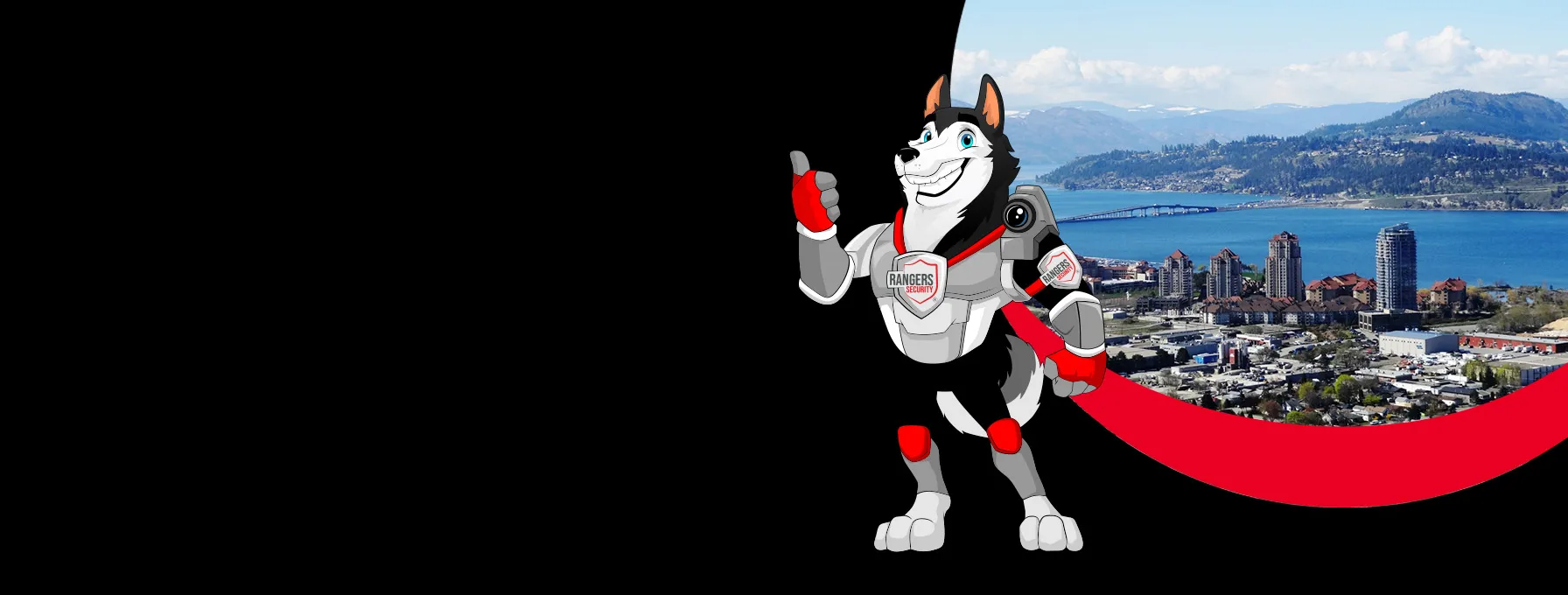 Rangers Security coverage map of Canada with a mascot in security gear, highlighting trusted surveillance and 24/7 service