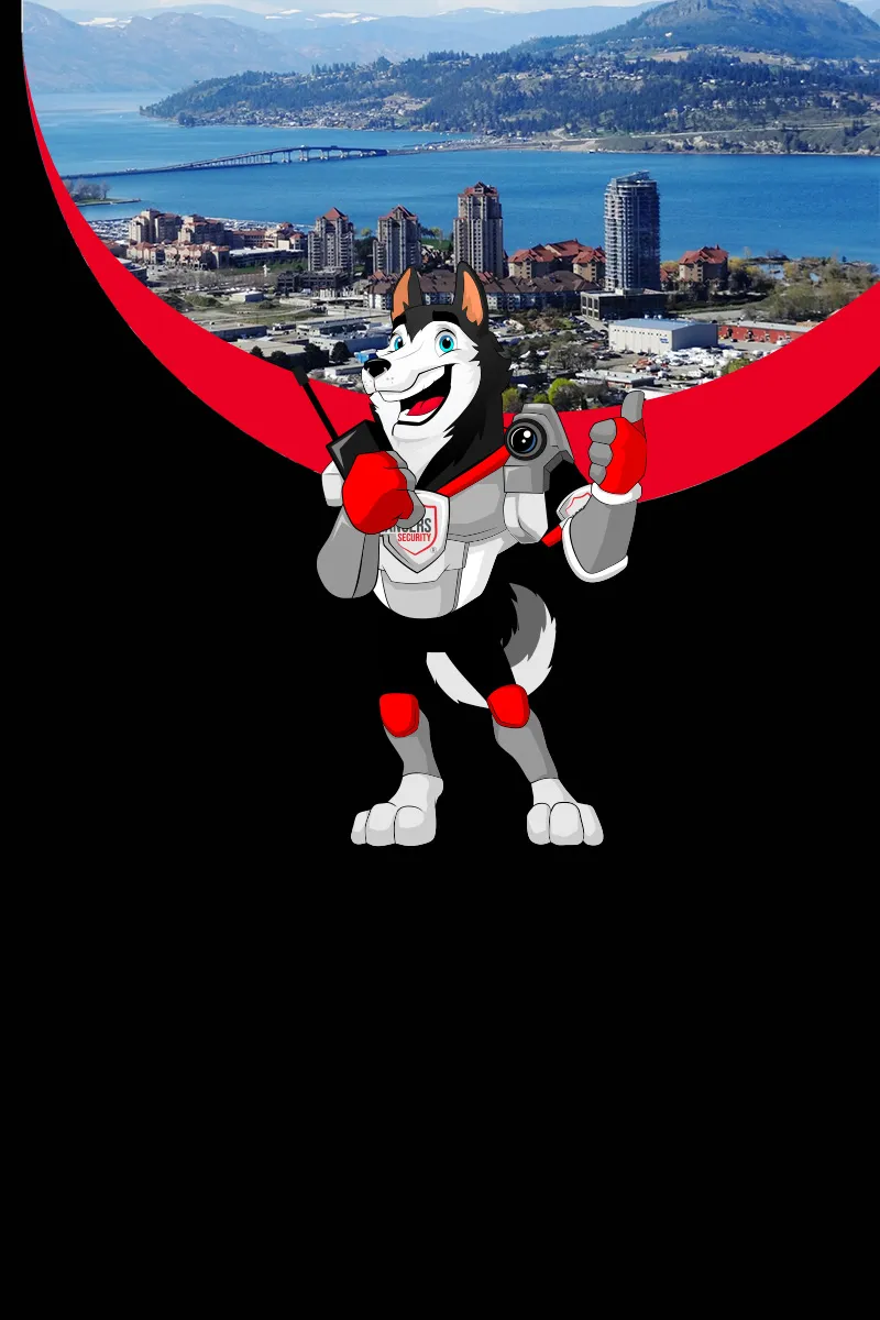 Map of Canada showing provinces and territories served by Rangers Security Group, with a wolf mascot pointing to locations for nationwide security services
