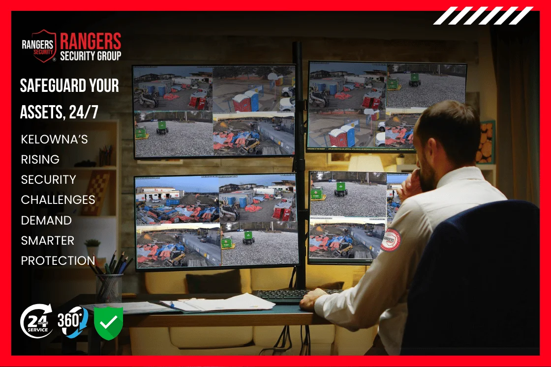 Live video monitoring expert watching real-time screens and addressing the demand for 24/7 security services in Kelowna, protecting industrial sites and assets from intruders